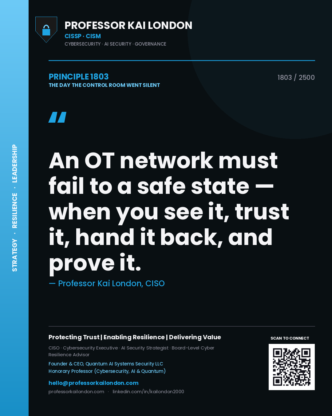 Quote card by Professor Kai London reading 'An OT network must fail to a safe state — when you see it, trust it, hand it back, and prove it.'. From the book The Day the Control Room Went Silent.