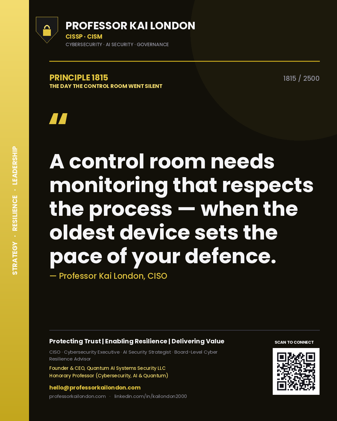 Professor Kai London principle 1815: A control room needs monitoring that respects the process — when the oldest device sets the pace of your defence.