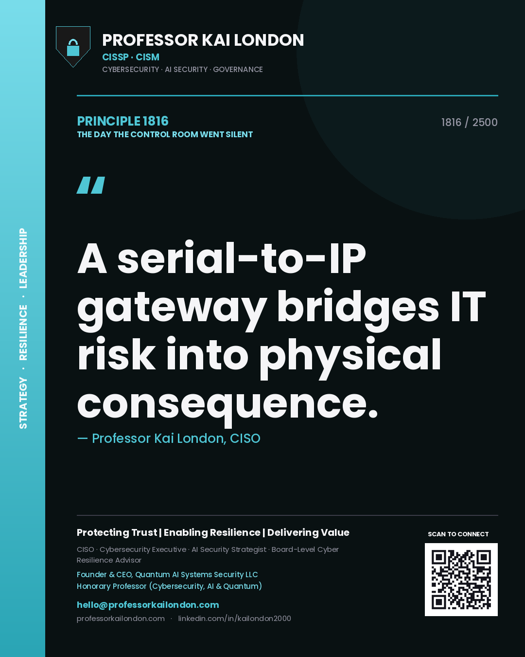 Quote card by Professor Kai London reading 'A serial-to-IP gateway bridges IT risk into physical consequence.'. From the book The Day the Control Room Went Silent.