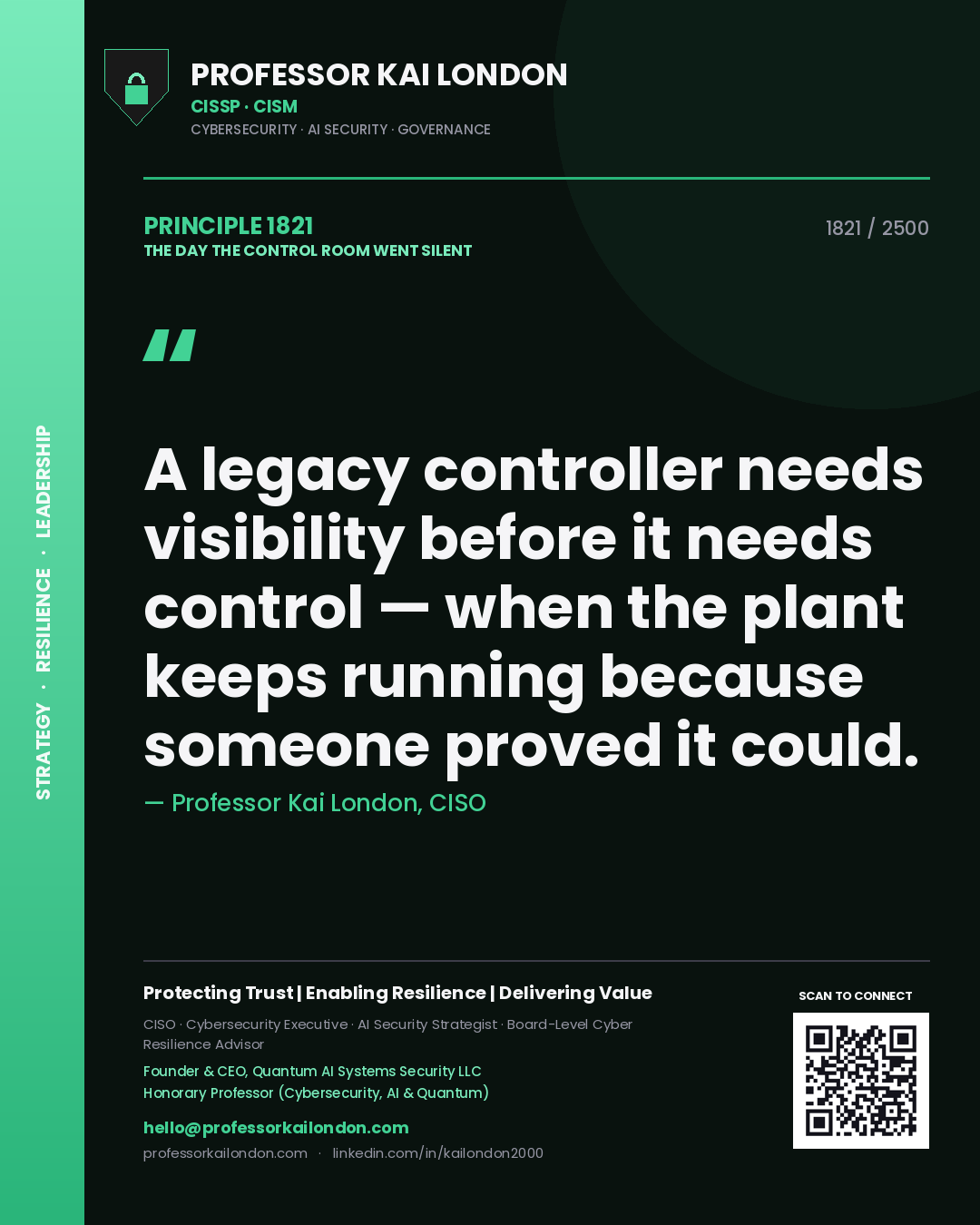 Quote card by Professor Kai London reading 'A legacy controller needs visibility before it needs control — when the plant keeps running because someone proved it could.'. From the book The Day the Control Room Went Silent.