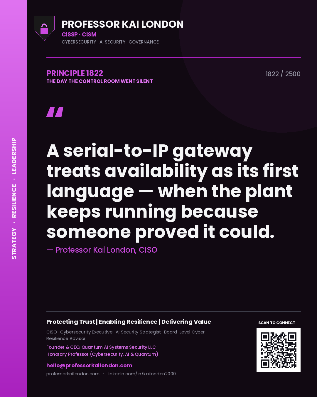 Quote card by Professor Kai London reading 'A serial-to-IP gateway treats availability as its first language — when the plant keeps running because someone proved it could.'. From the book The Day the Control Room Went Silent.