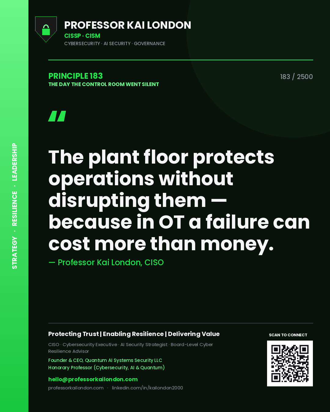 Quote card by Professor Kai London reading 'The plant floor protects operations without disrupting them — because in OT a failure can cost more than money.'. From the book The Day the Control Room Went Silent.