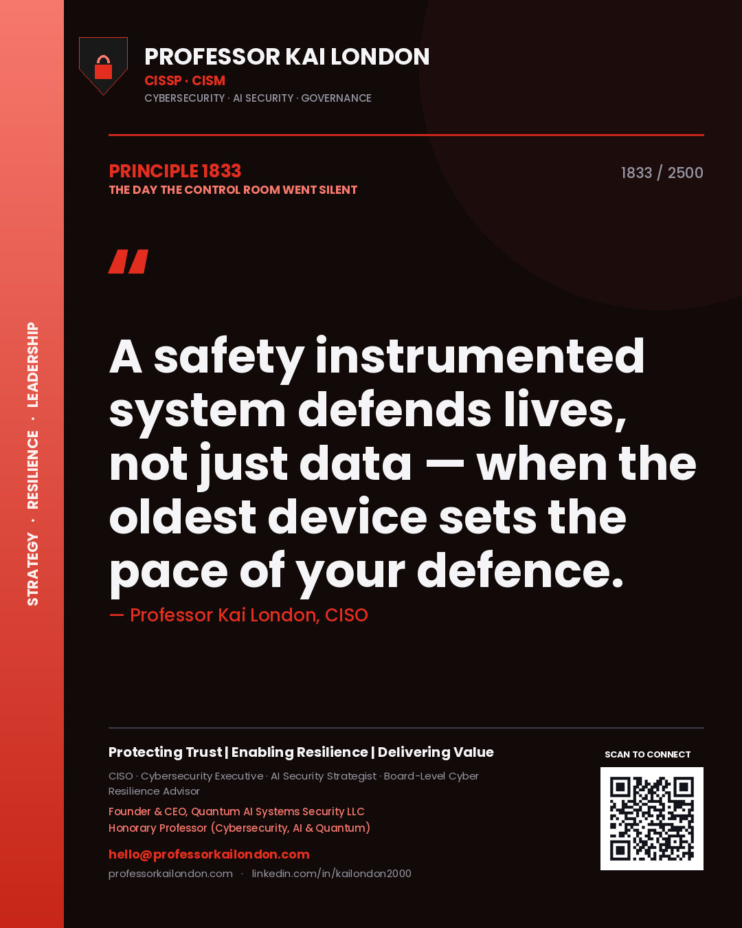 Quote card by Professor Kai London reading 'A safety instrumented system defends lives, not just data — when the oldest device sets the pace of your defence.'. From the book The Day the Control Room Went Silent.