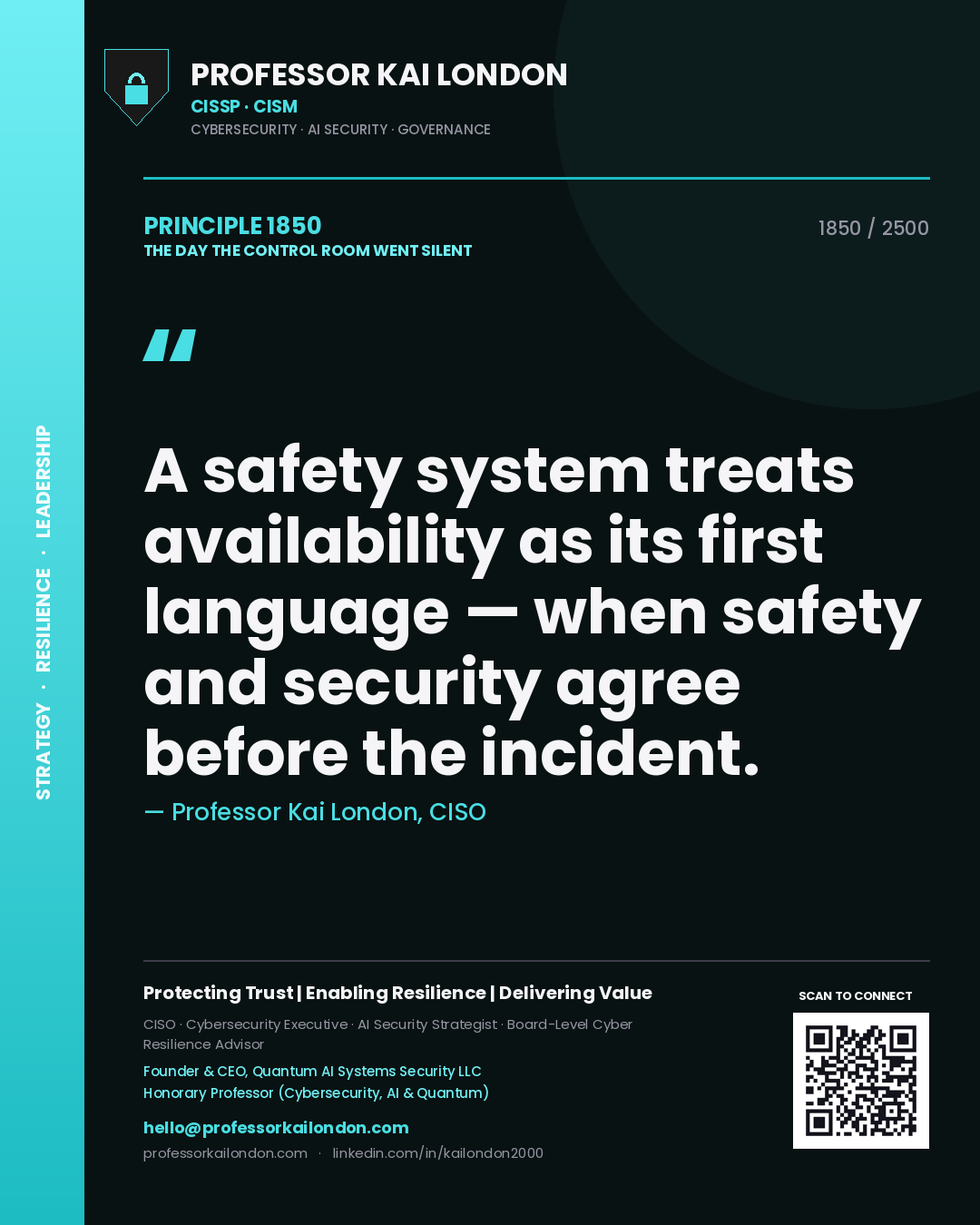 Professor Kai London principle 1850: A safety system treats availability as its first language — when safety and security agree before the incident.