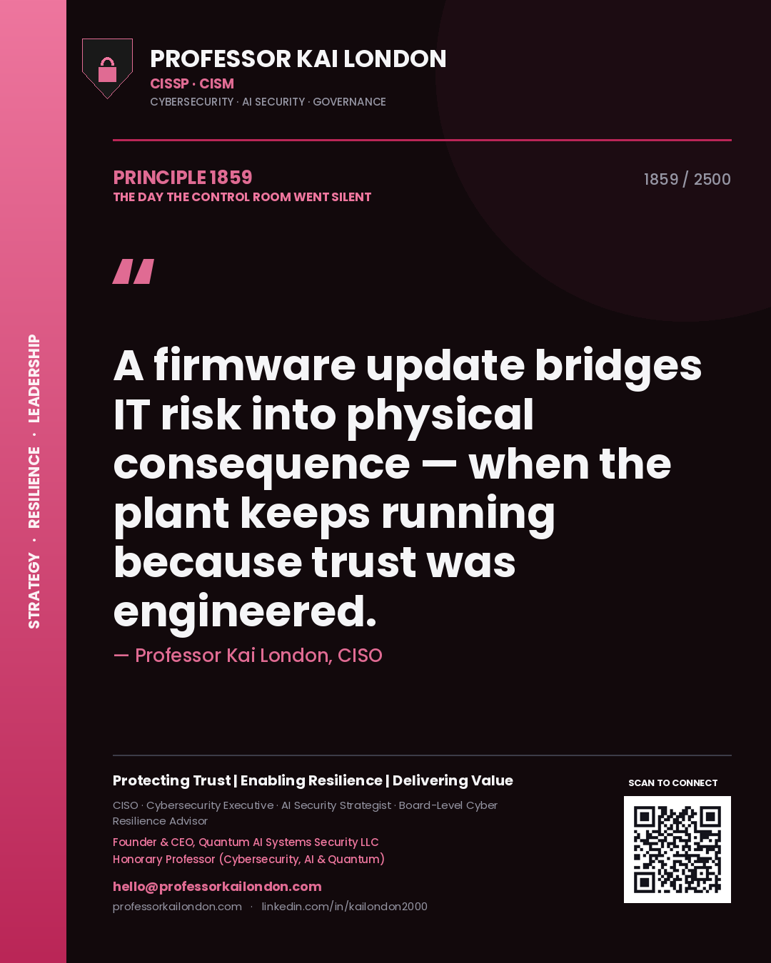 Quote card by Professor Kai London reading 'A firmware update bridges IT risk into physical consequence — when the plant keeps running because trust was engineered.'. From the book The Day the Control Room Went Silent.