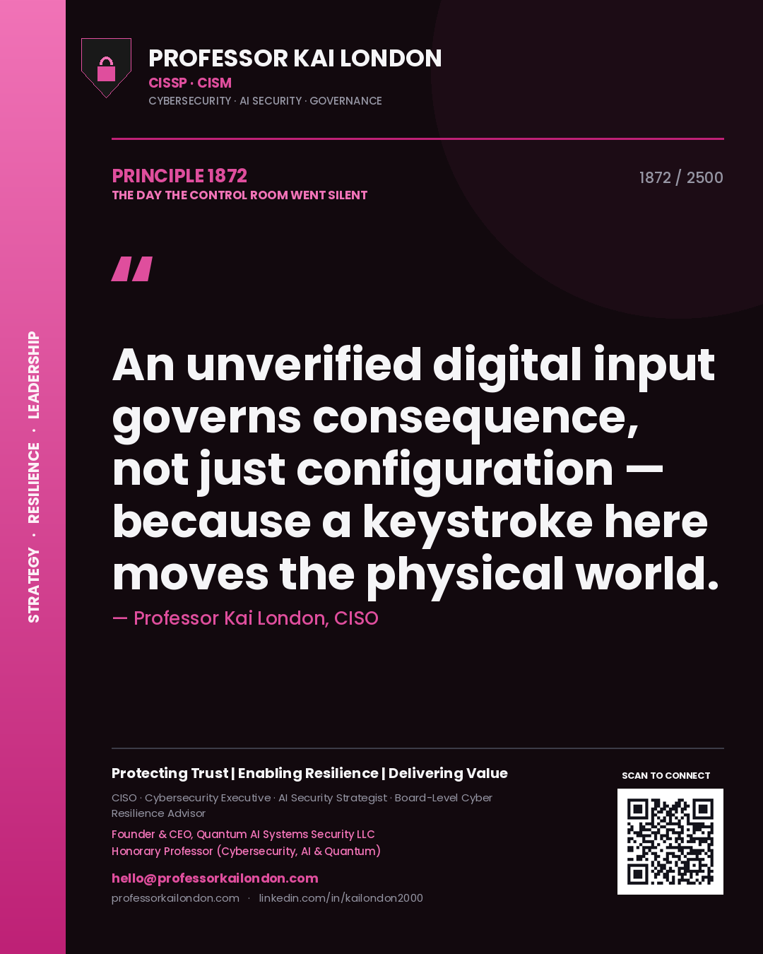 Quote card by Professor Kai London reading 'An unverified digital input governs consequence, not just configuration — because a keystroke here moves the physical world.'. From the book The Day the Control Room Went Silent.