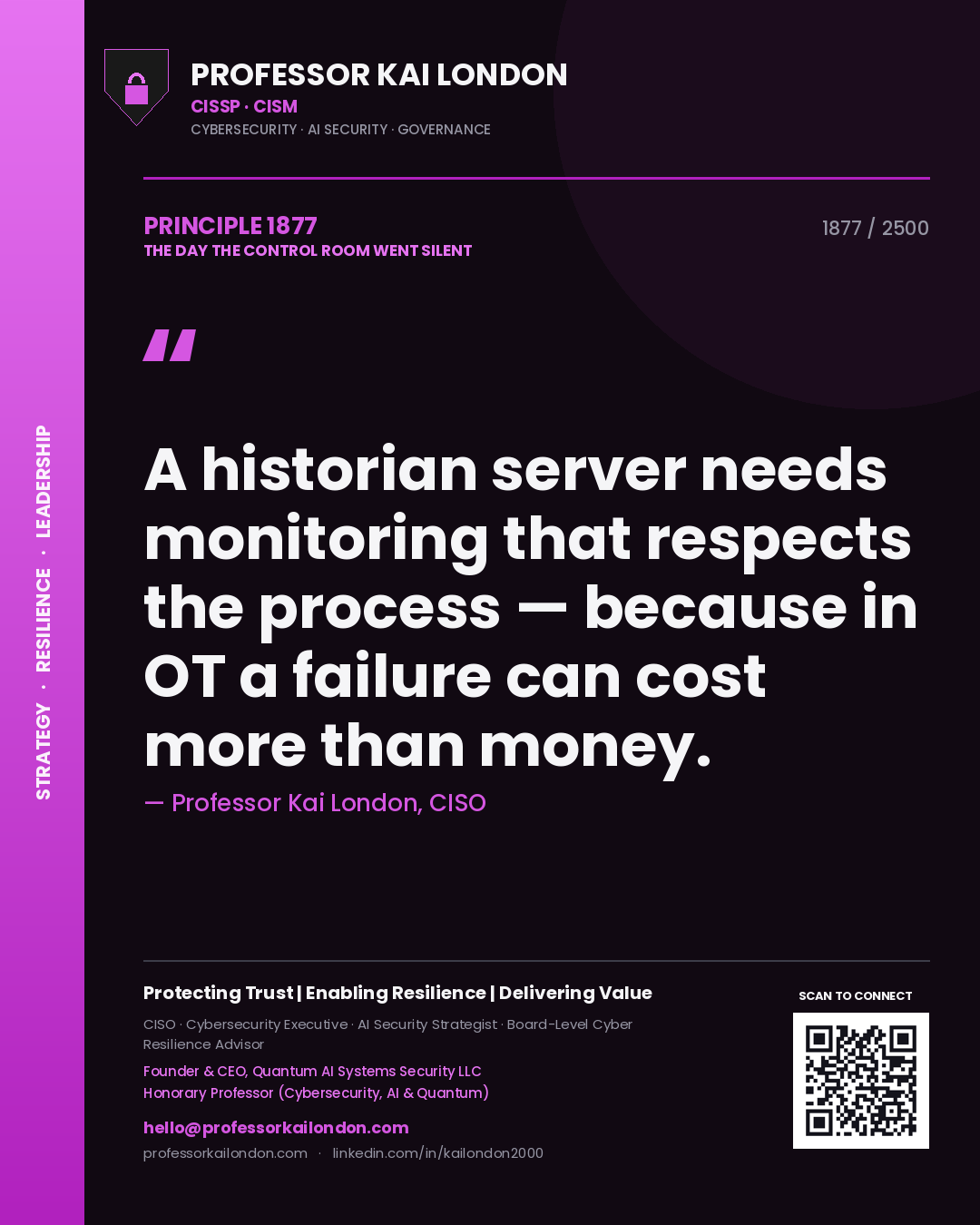 Professor Kai London principle 1877: A historian server needs monitoring that respects the process — because in OT a failure can cost more than money.