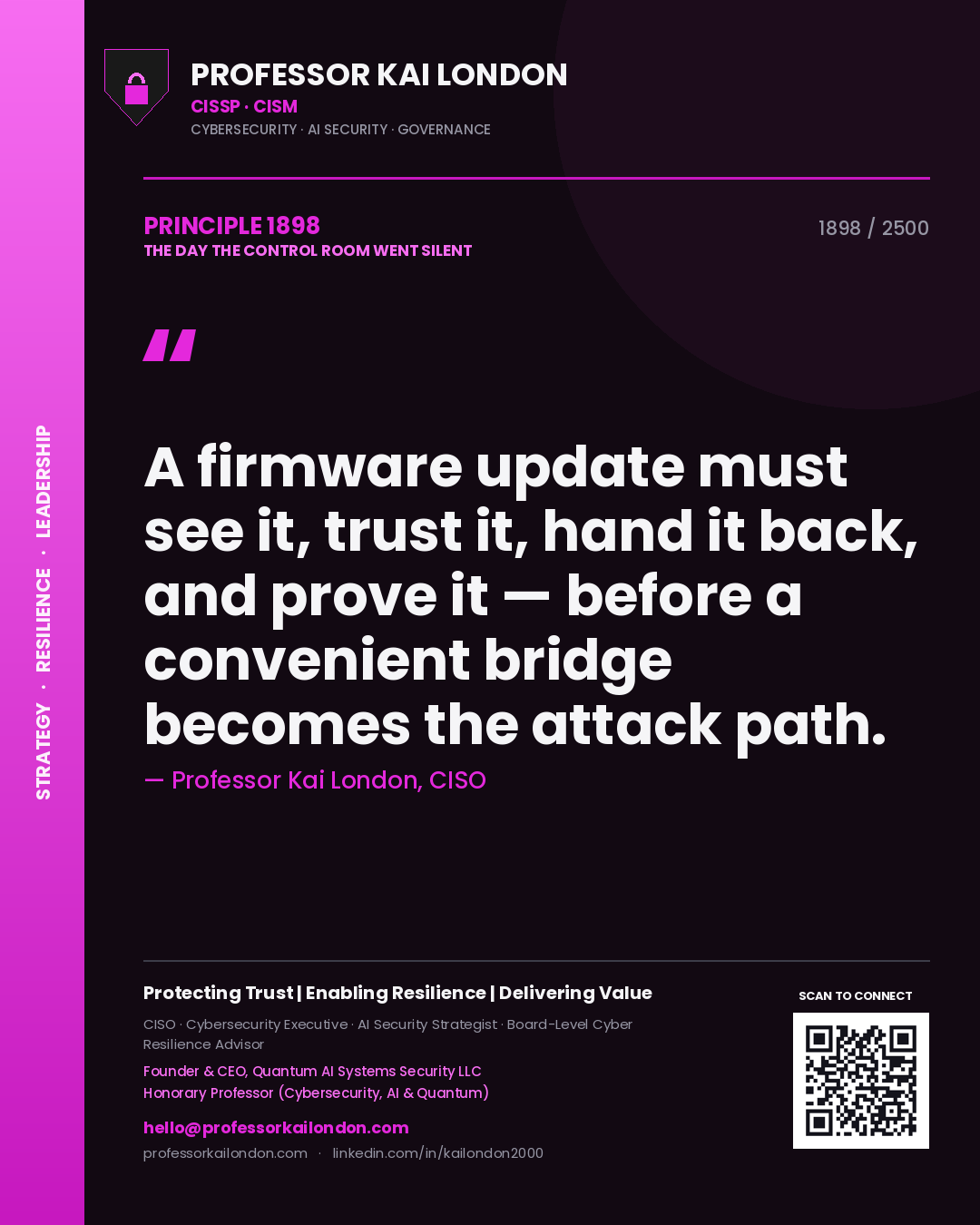 Professor Kai London principle 1898: A firmware update must see it, trust it, hand it back, and prove it — before a convenient bridge becomes the attack path.
