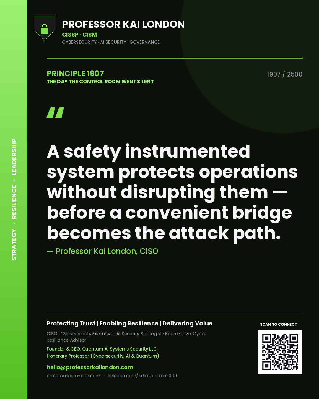 Quote card by Professor Kai London reading 'A safety instrumented system protects operations without disrupting them — before a convenient bridge becomes the attack path.'. From the book The Day the Control Room Went Silent.