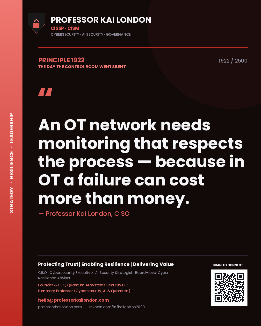 Quote card by Professor Kai London reading 'An OT network needs monitoring that respects the process — because in OT a failure can cost more than money.'. From the book The Day the Control Room Went Silent.