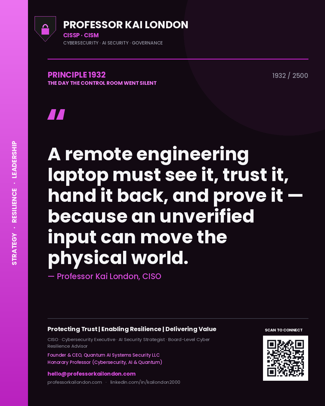 Professor Kai London principle 1932: A remote engineering laptop must see it, trust it, hand it back, and prove it — because an unverified input can move the physical world.