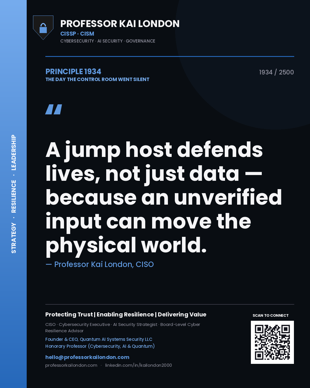 Professor Kai London principle 1934: A jump host defends lives, not just data — because an unverified input can move the physical world.