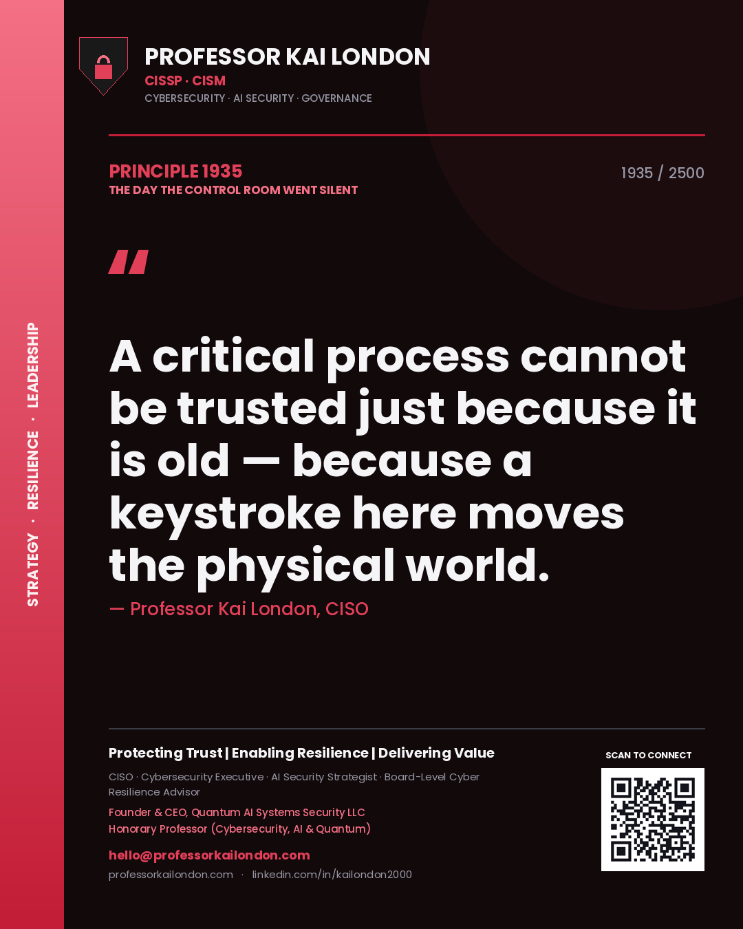 Quote card by Professor Kai London reading 'A critical process cannot be trusted just because it is old — because a keystroke here moves the physical world.'. From the book The Day the Control Room Went Silent.