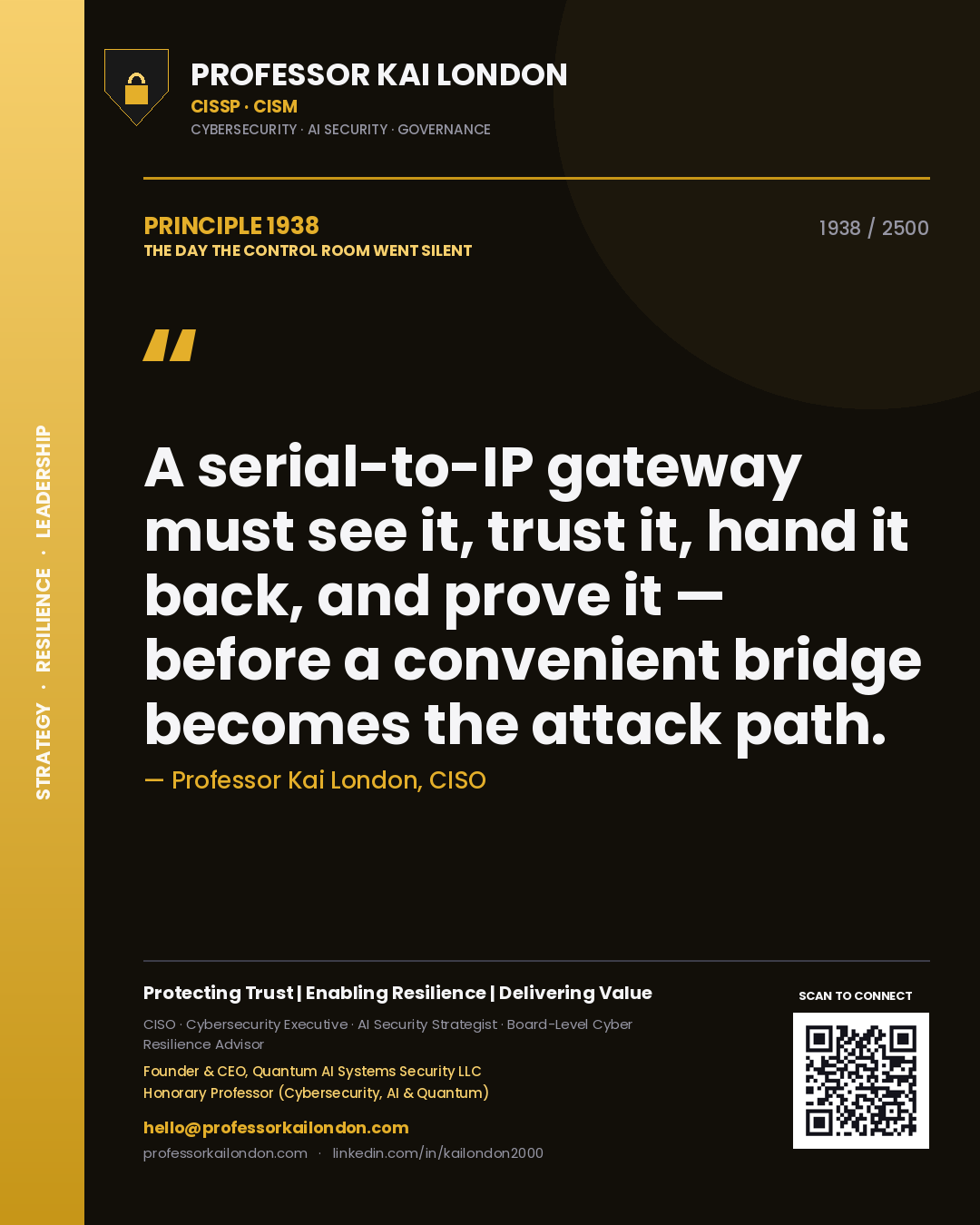 Professor Kai London principle 1938: A serial-to-IP gateway must see it, trust it, hand it back, and prove it — before a convenient bridge becomes the attack path.