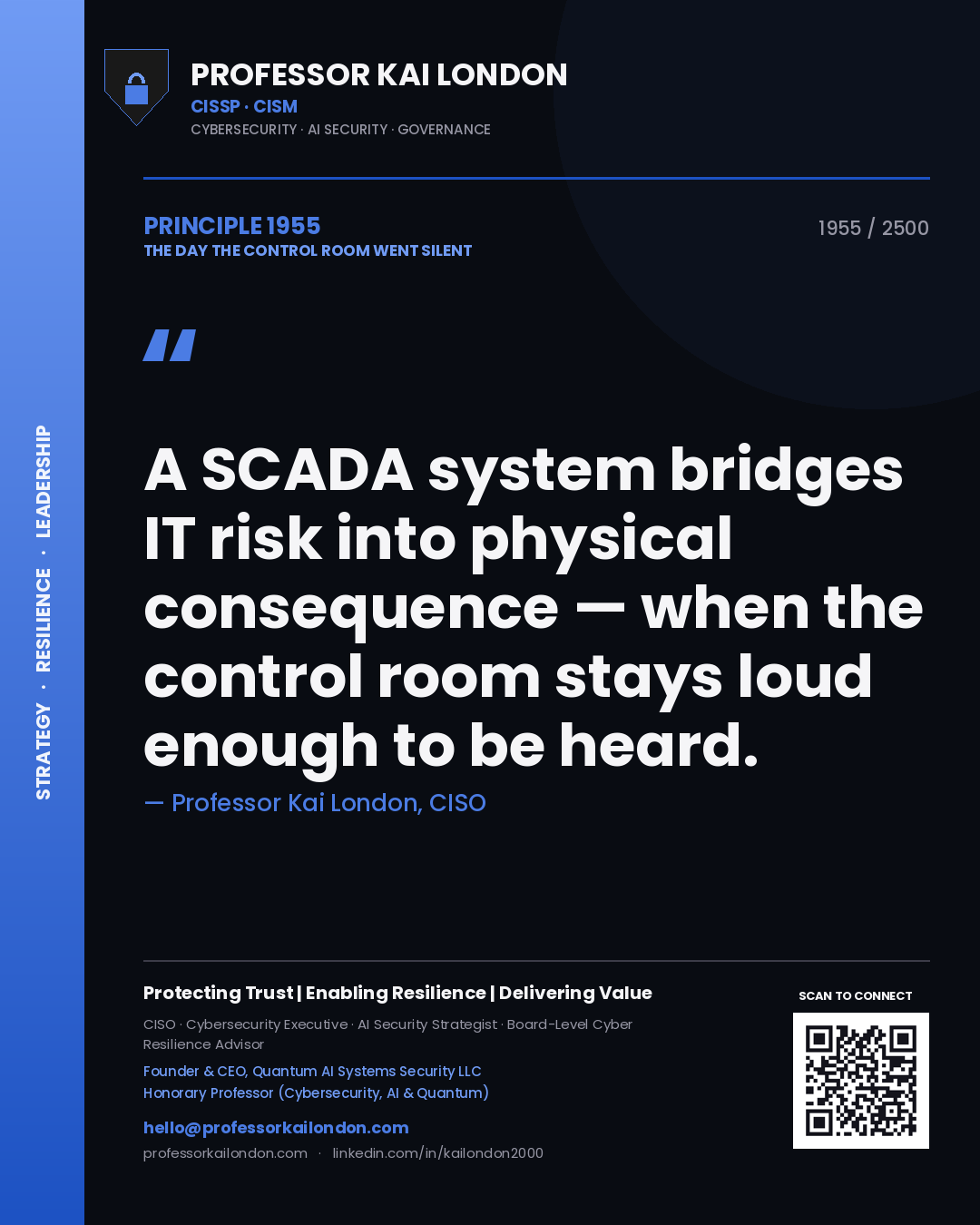 Quote card by Professor Kai London reading 'A SCADA system bridges IT risk into physical consequence — when the control room stays loud enough to be heard.'. From the book The Day the Control Room Went Silent.