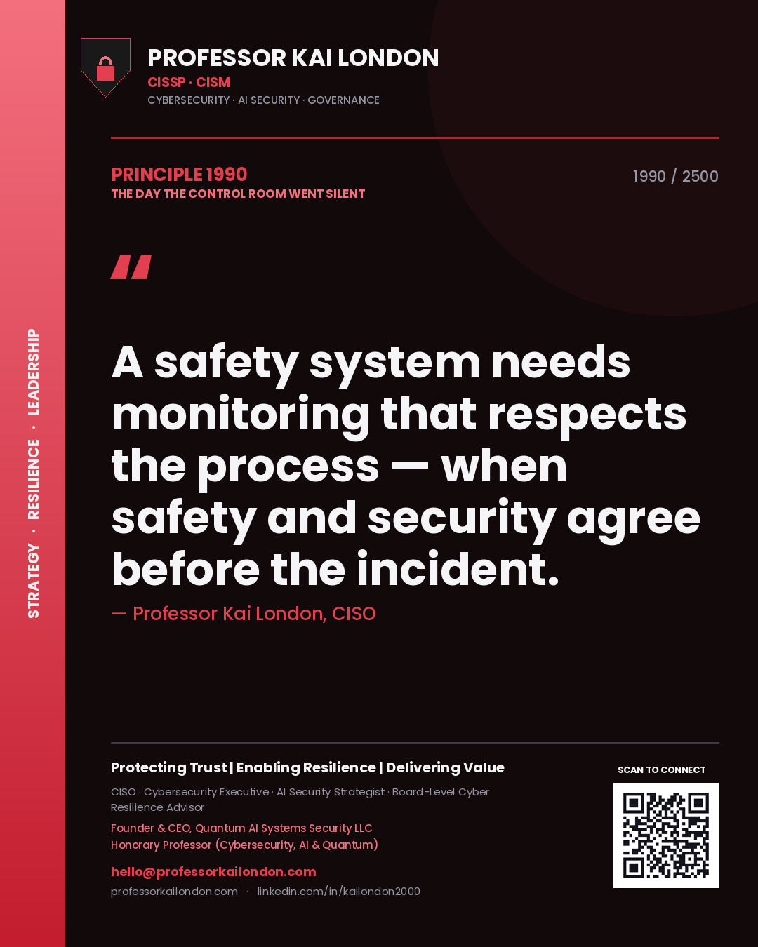 Quote card by Professor Kai London reading 'A safety system needs monitoring that respects the process — when safety and security agree before the incident.'. From the book The Day the Control Room Went Silent.