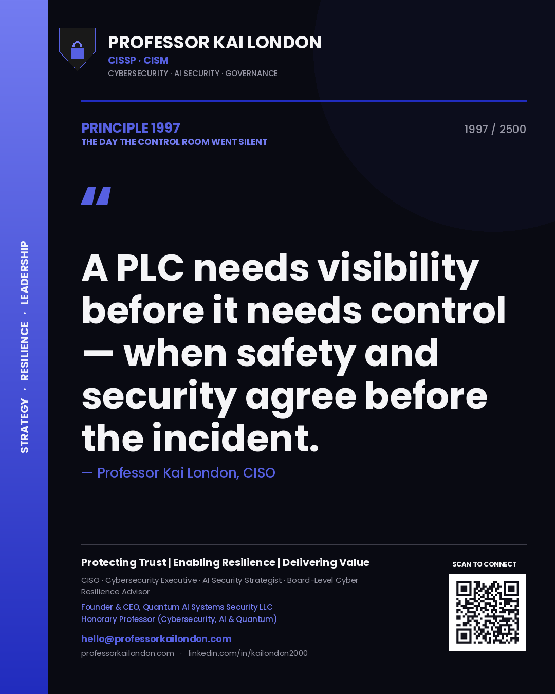 Professor Kai London principle 1997: A PLC needs visibility before it needs control — when safety and security agree before the incident.