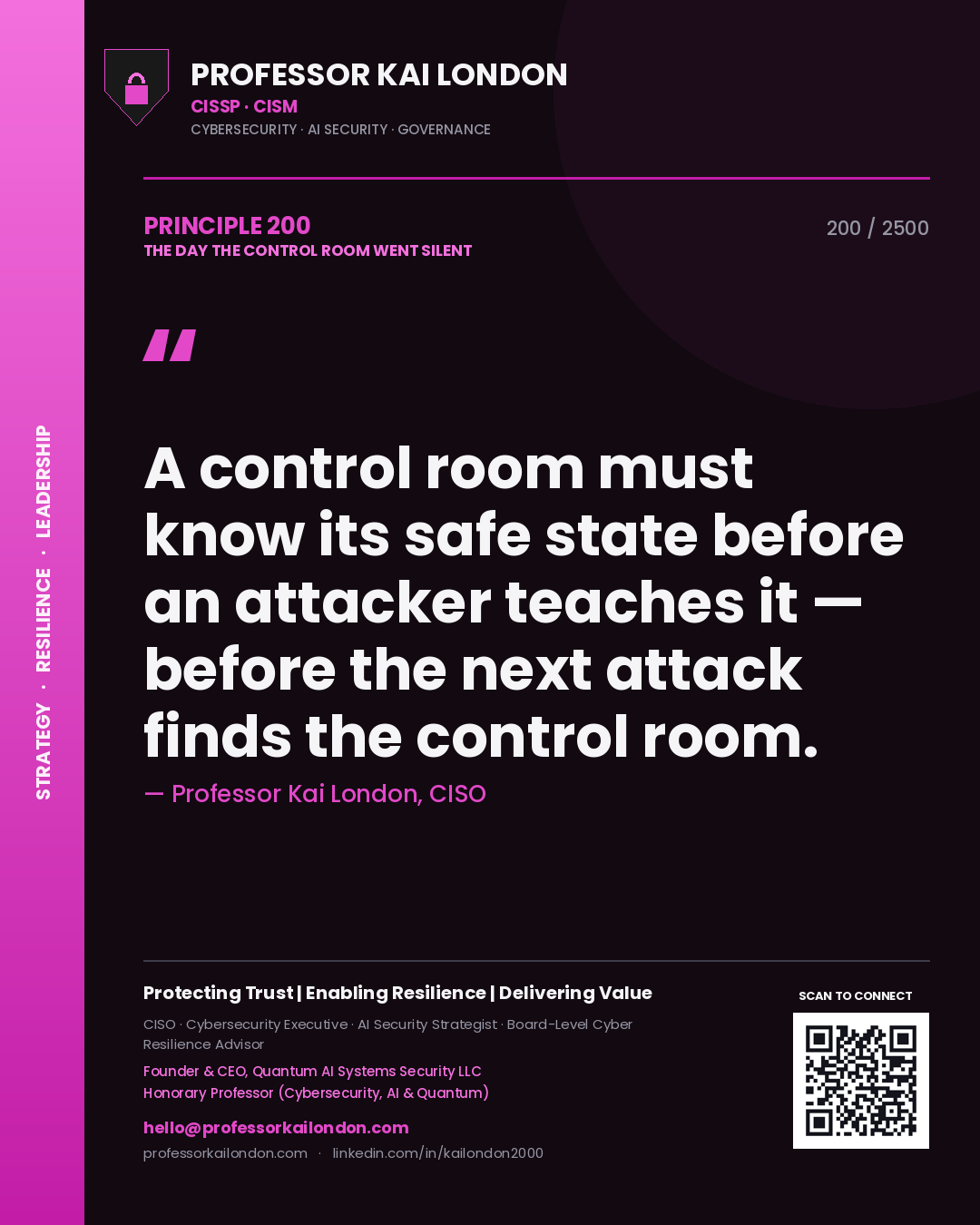 Professor Kai London principle 200: A control room must know its safe state before an attacker teaches it — before the next attack finds the control room.