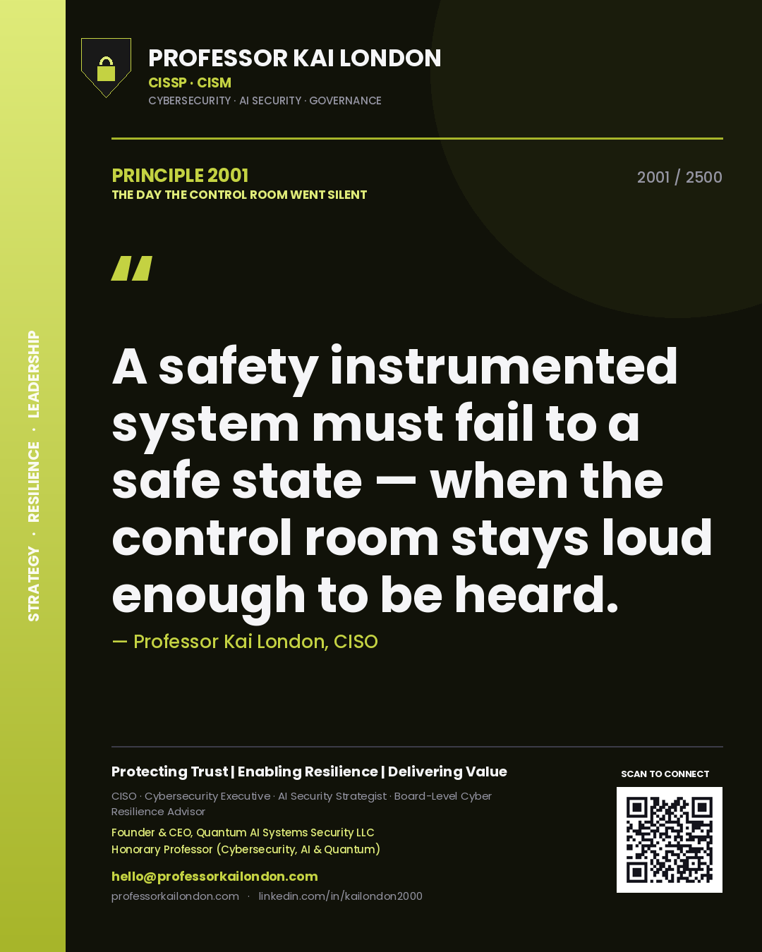 Quote card by Professor Kai London reading 'A safety instrumented system must fail to a safe state — when the control room stays loud enough to be heard.'. From the book The Day the Control Room Went Silent.