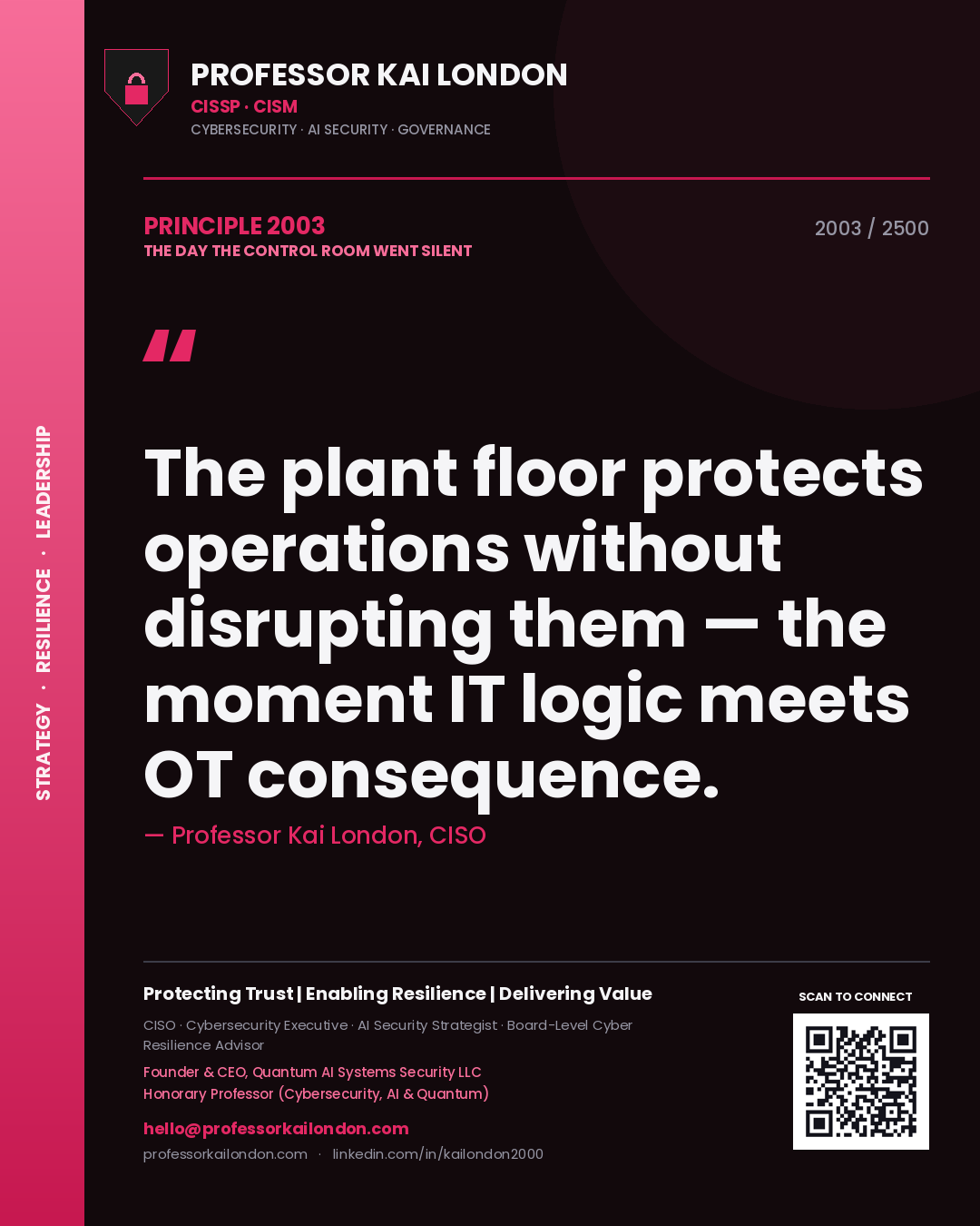 Quote card by Professor Kai London reading 'The plant floor protects operations without disrupting them — the moment IT logic meets OT consequence.'. From the book The Day the Control Room Went Silent.