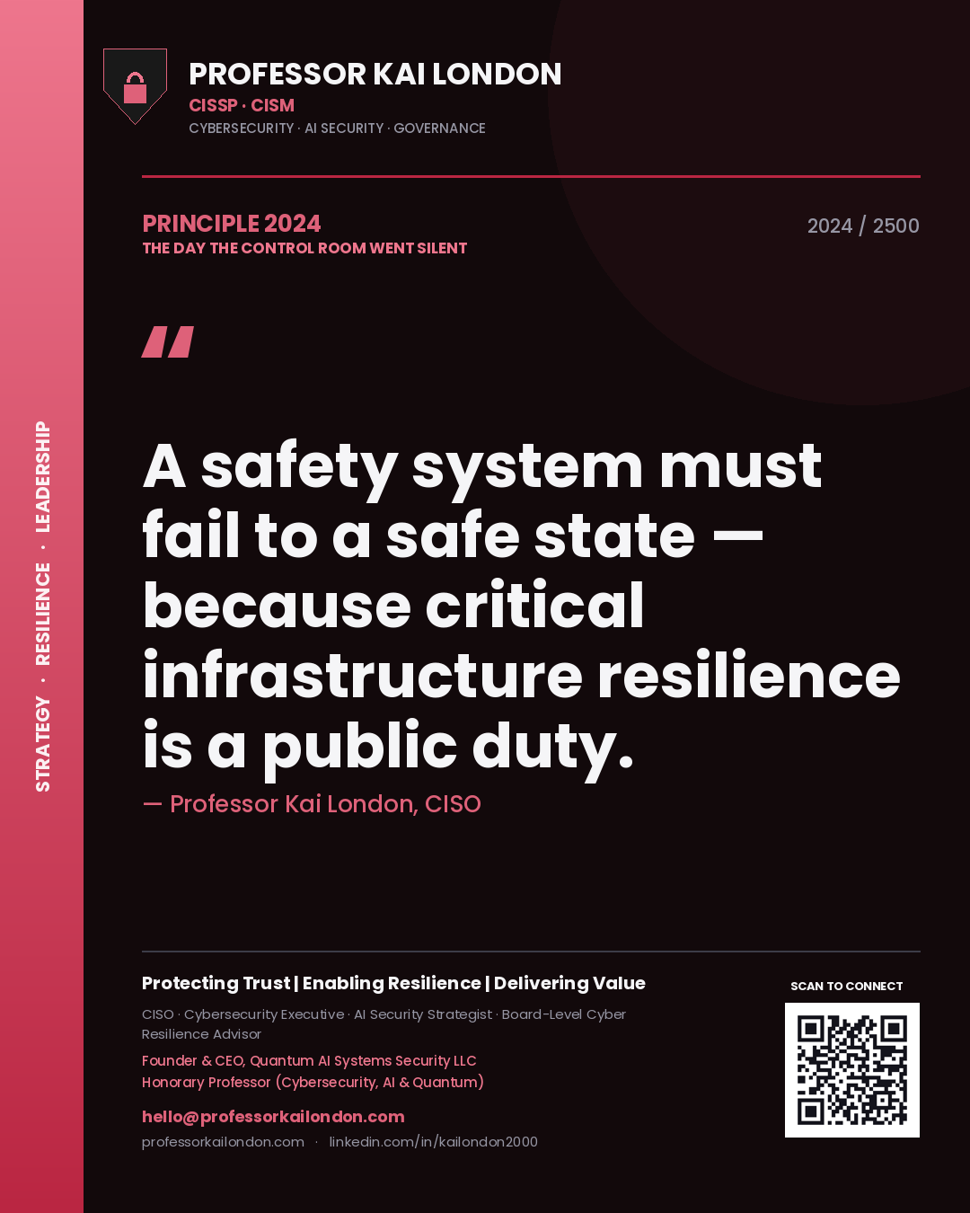 Professor Kai London principle 2024: A safety system must fail to a safe state — because critical infrastructure resilience is a public duty.