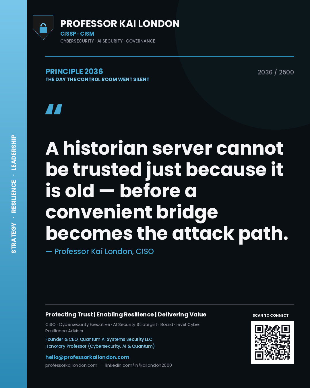 Professor Kai London principle 2036: A historian server cannot be trusted just because it is old — before a convenient bridge becomes the attack path.