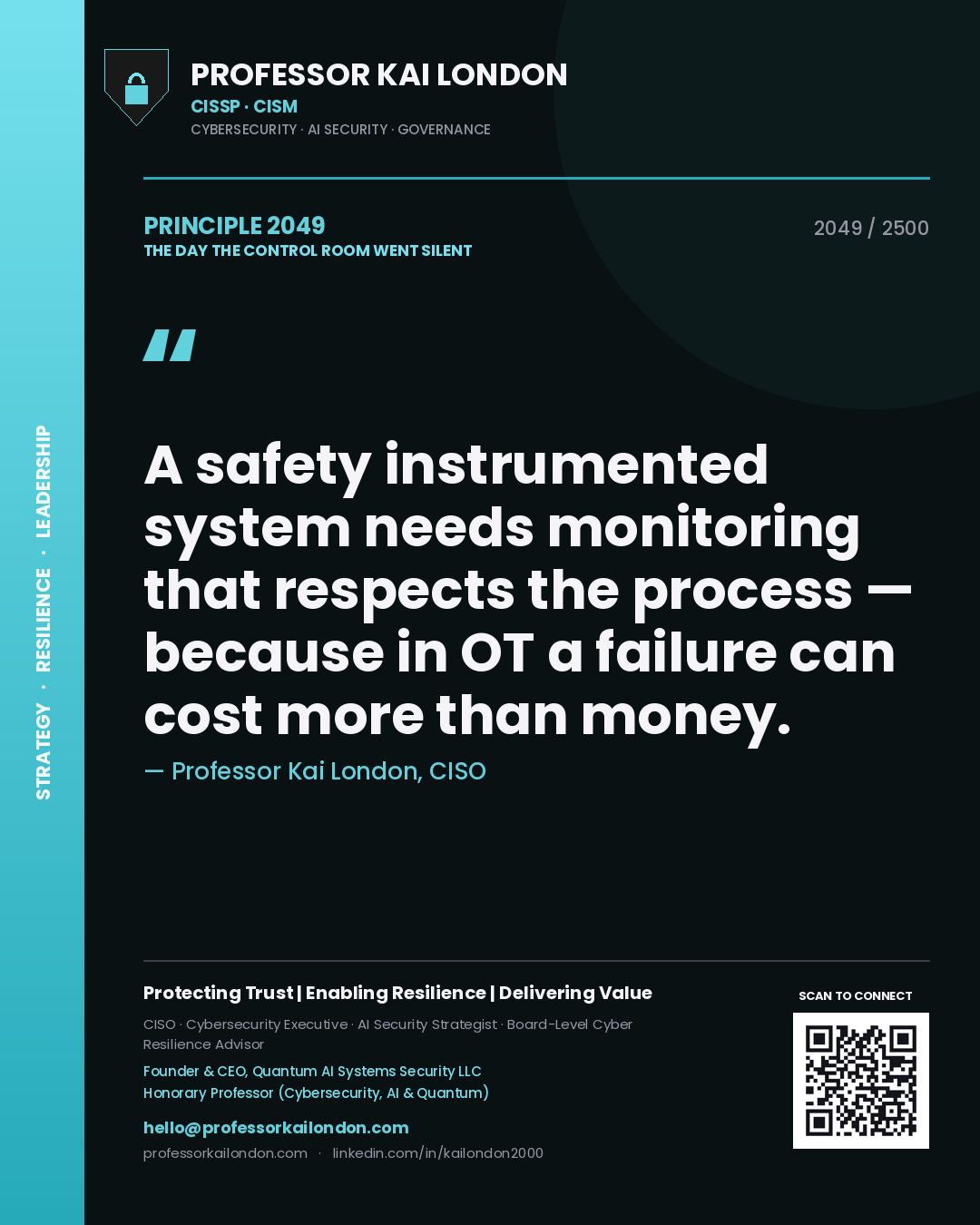 Professor Kai London principle 2049: A safety instrumented system needs monitoring that respects the process — because in OT a failure can cost more than money.