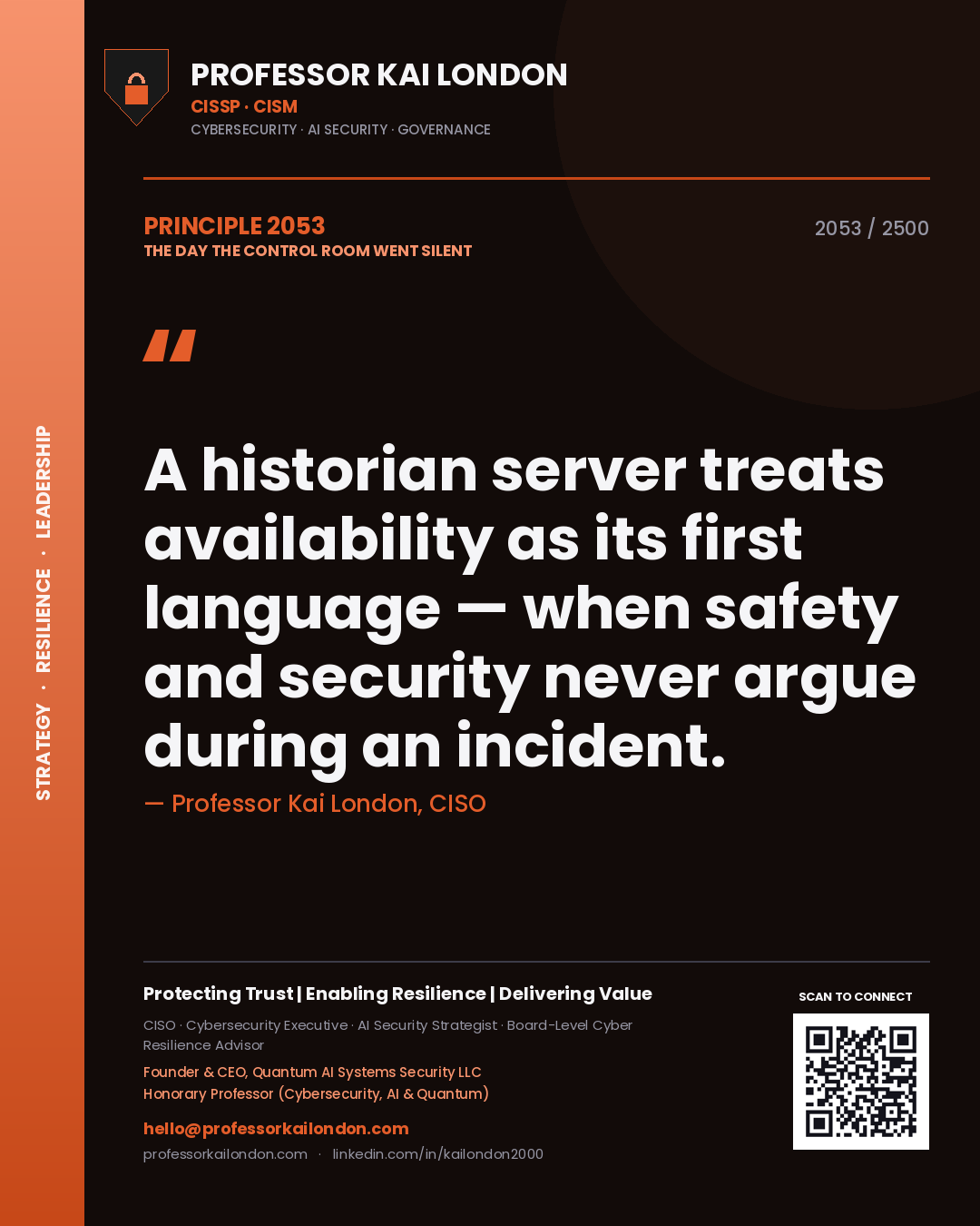 Professor Kai London principle 2053: A historian server treats availability as its first language — when safety and security never argue during an incident.