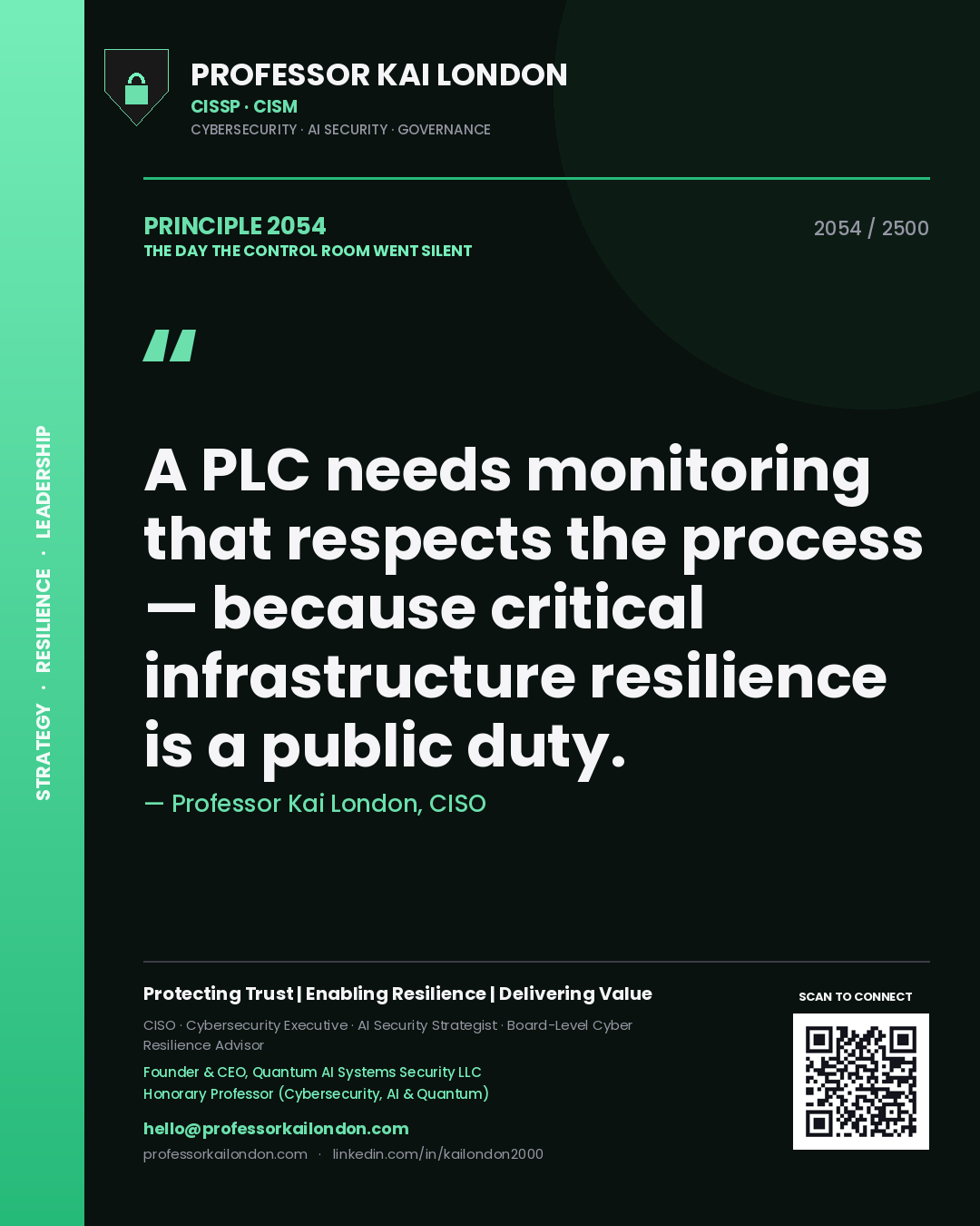 Professor Kai London principle 2054: A PLC needs monitoring that respects the process — because critical infrastructure resilience is a public duty.