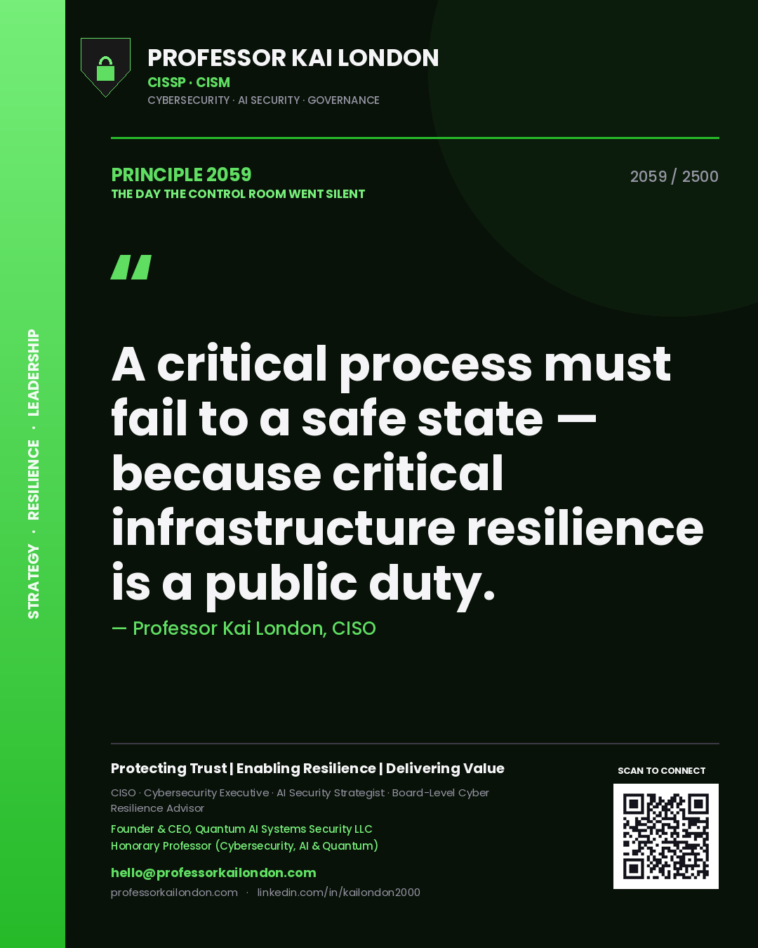 Quote card by Professor Kai London reading 'A critical process must fail to a safe state — because critical infrastructure resilience is a public duty.'. From the book The Day the Control Room Went Silent.