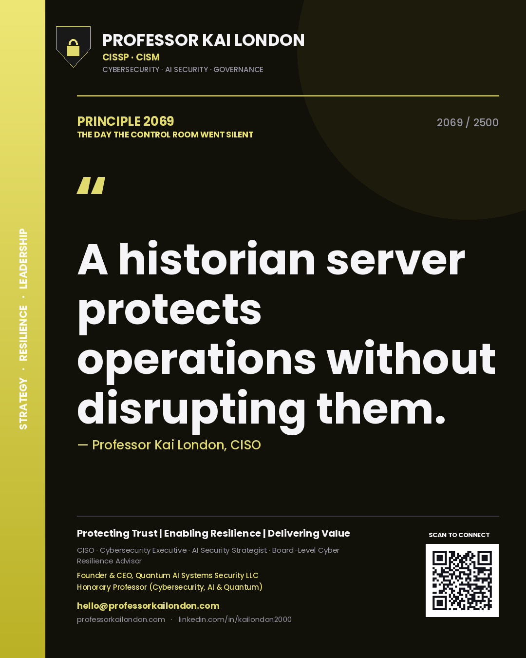 Quote card by Professor Kai London reading 'A historian server protects operations without disrupting them.'. From the book The Day the Control Room Went Silent.