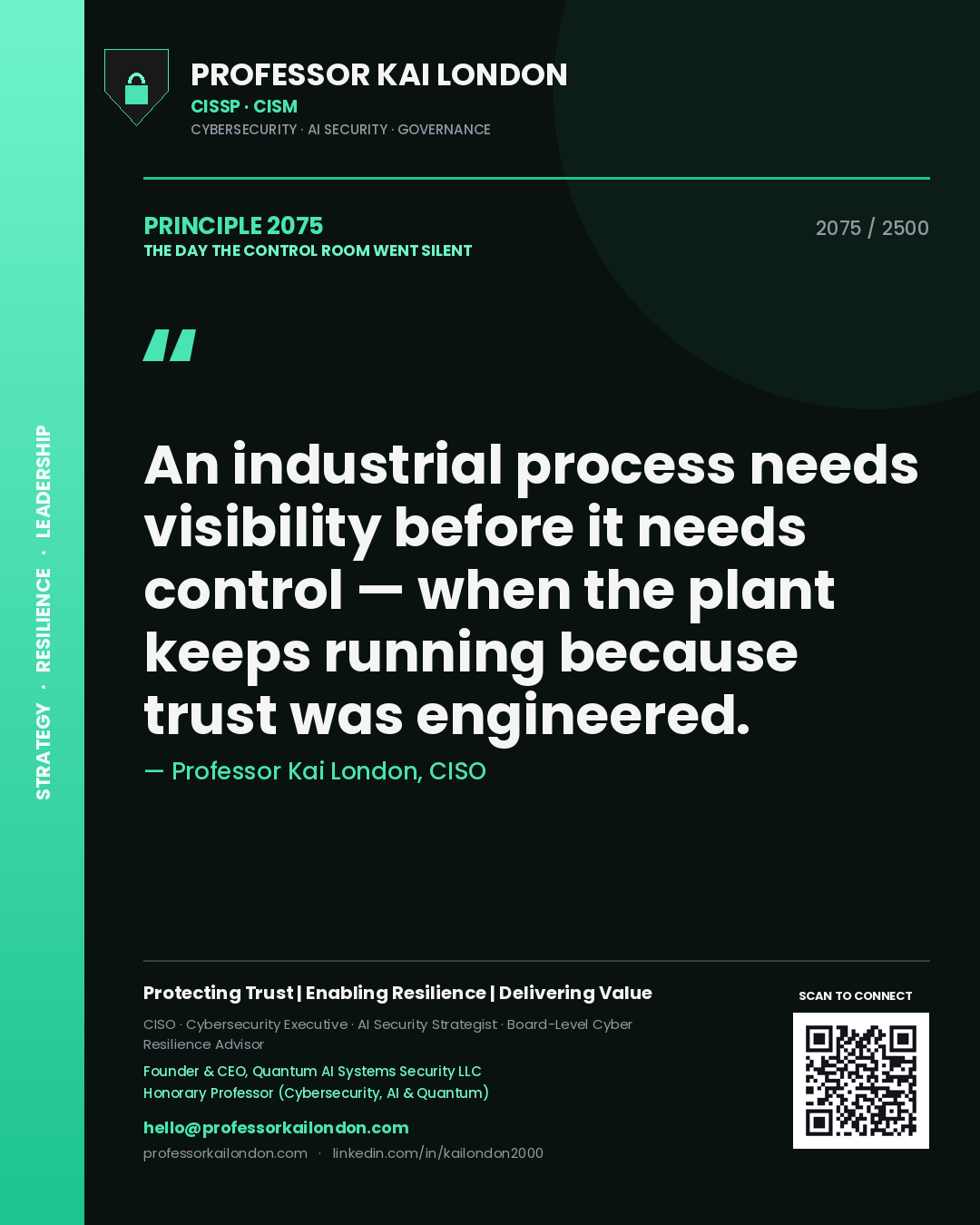 Quote card by Professor Kai London reading 'An industrial process needs visibility before it needs control — when the plant keeps running because trust was engineered.'. From the book The Day the Control Room Went Silent.
