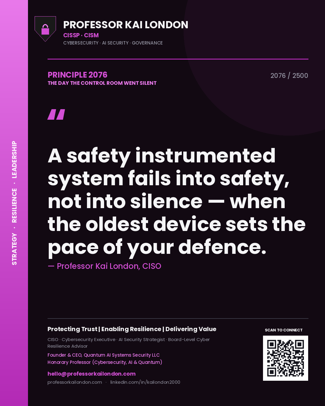 Professor Kai London principle 2076: A safety instrumented system fails into safety, not into silence — when the oldest device sets the pace of your defence.