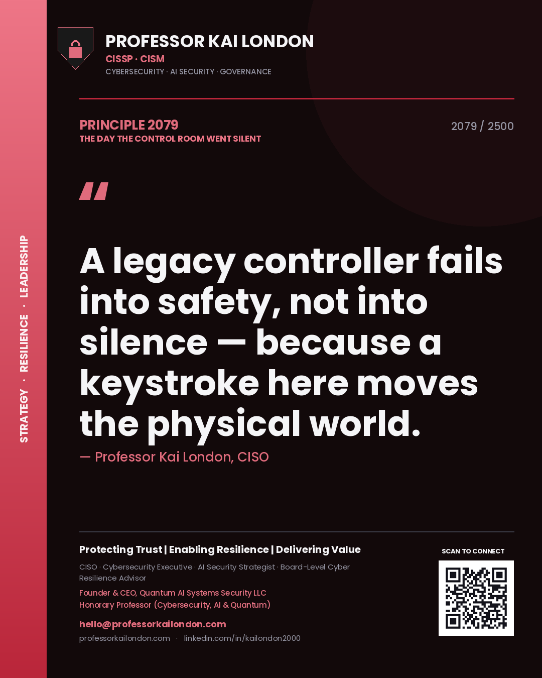 Professor Kai London principle 2079: A legacy controller fails into safety, not into silence — because a keystroke here moves the physical world.