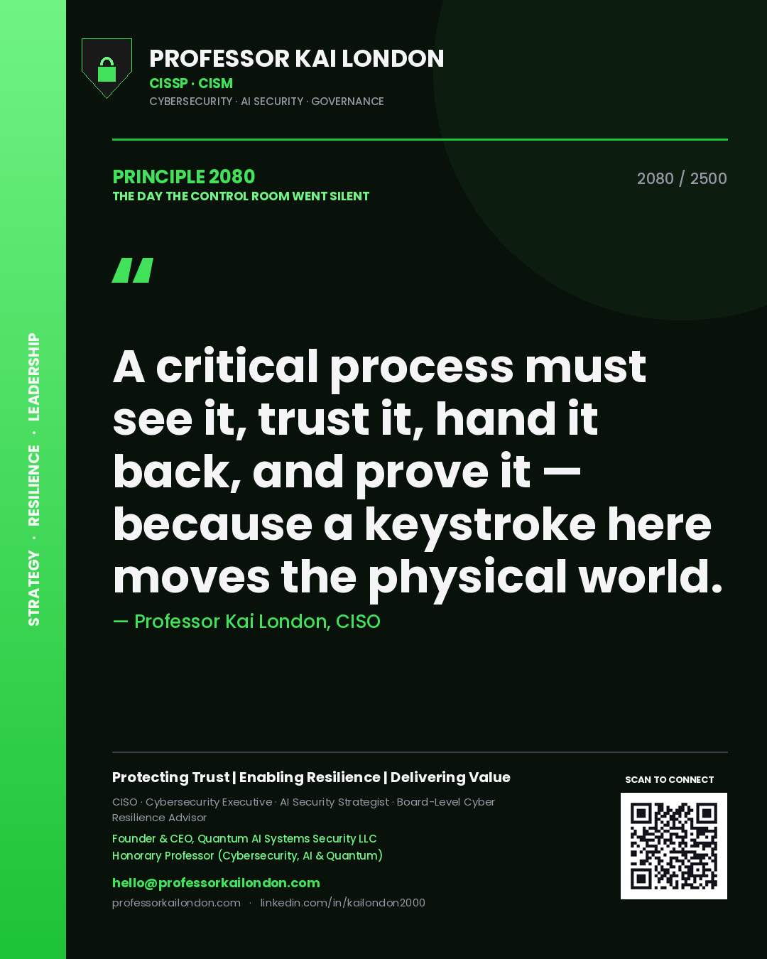 Professor Kai London principle 2080: A critical process must see it, trust it, hand it back, and prove it — because a keystroke here moves the physical world.