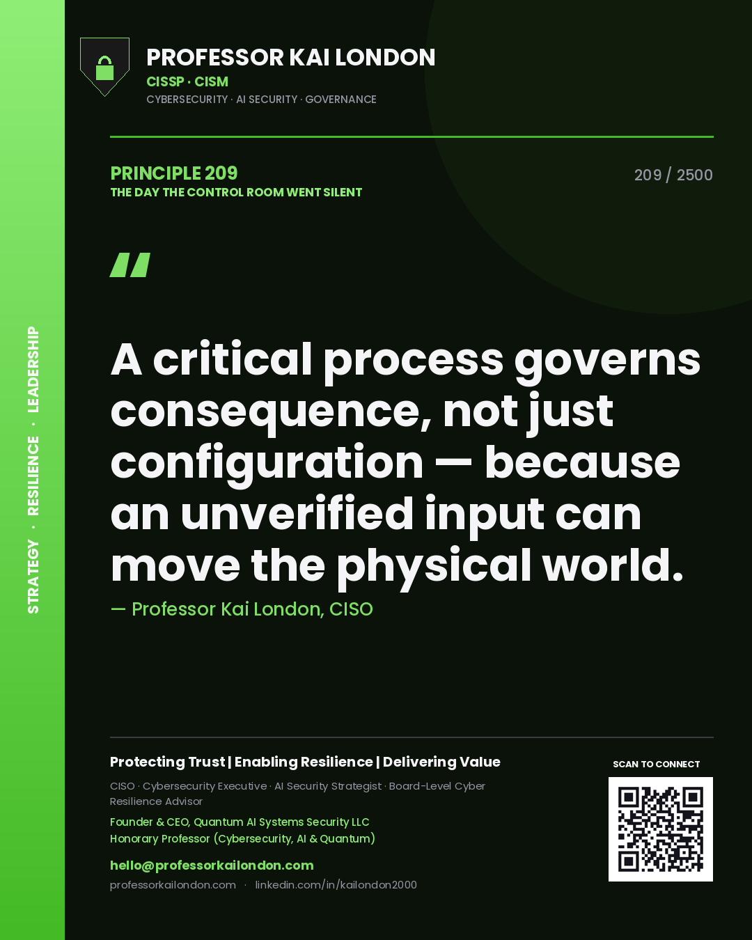 Quote card by Professor Kai London reading 'A critical process governs consequence, not just configuration — because an unverified input can move the physical world.'. From the book The Day the Control Room Went Silent.