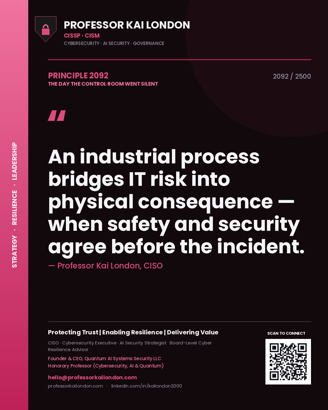 Professor Kai London principle 2092: An industrial process bridges IT risk into physical consequence — when safety and security agree before the incident.
