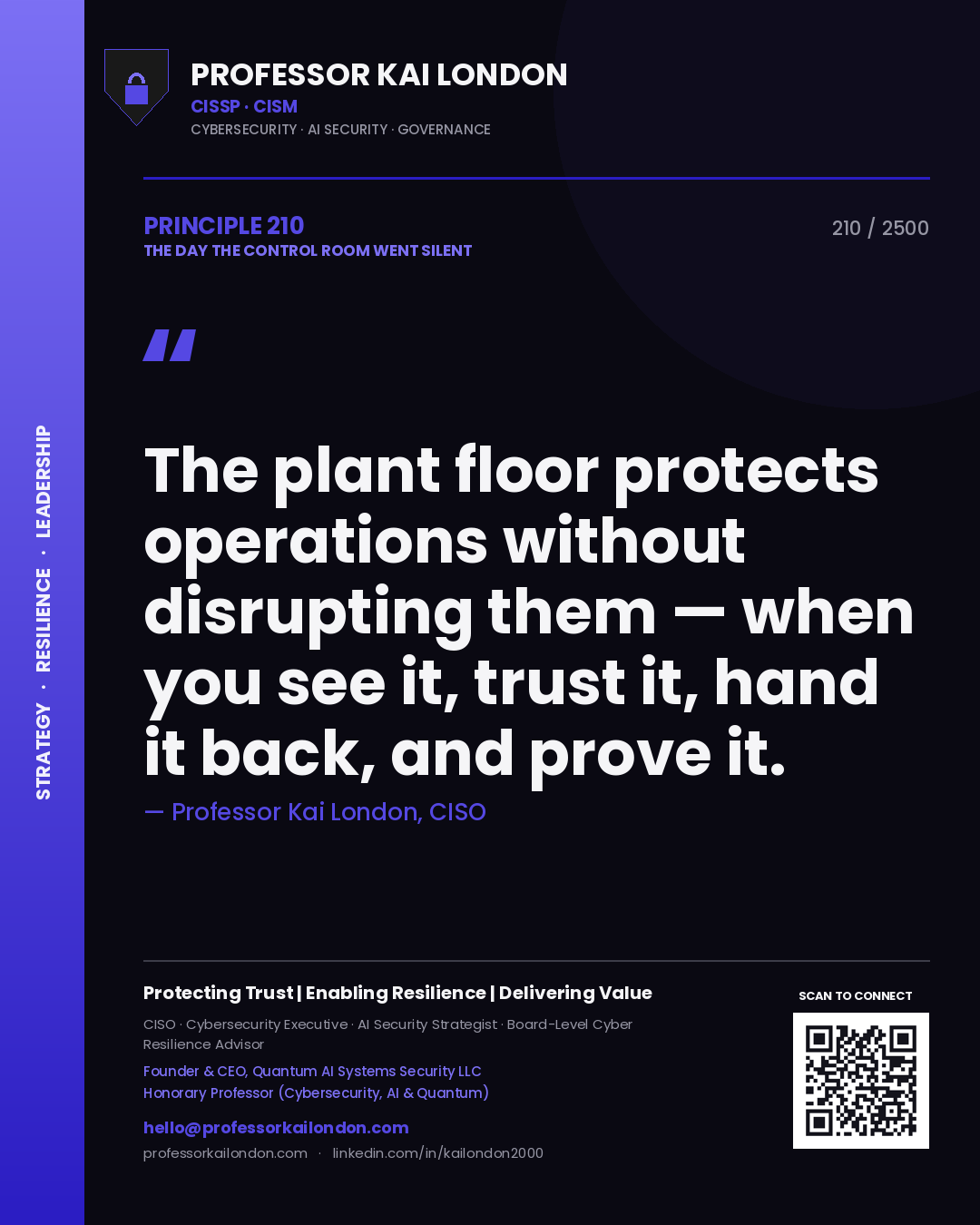 Quote card by Professor Kai London reading 'The plant floor protects operations without disrupting them — when you see it, trust it, hand it back, and prove it.'. From the book The Day the Control Room Went Silent.