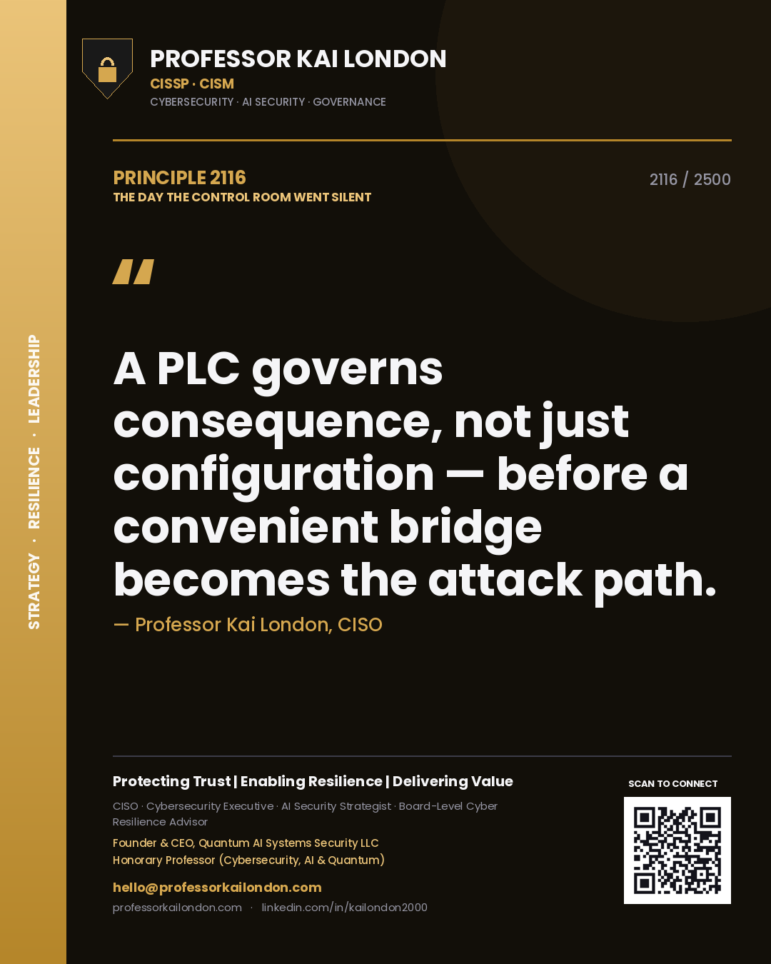 Quote card by Professor Kai London reading 'A PLC governs consequence, not just configuration — before a convenient bridge becomes the attack path.'. From the book The Day the Control Room Went Silent.