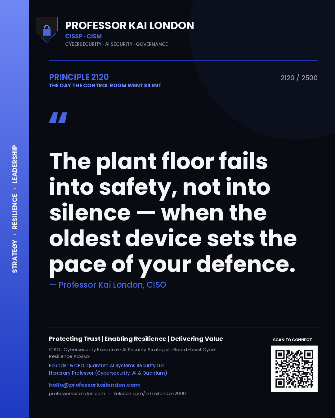 Quote card by Professor Kai London reading 'The plant floor fails into safety, not into silence — when the oldest device sets the pace of your defence.'. From the book The Day the Control Room Went Silent.