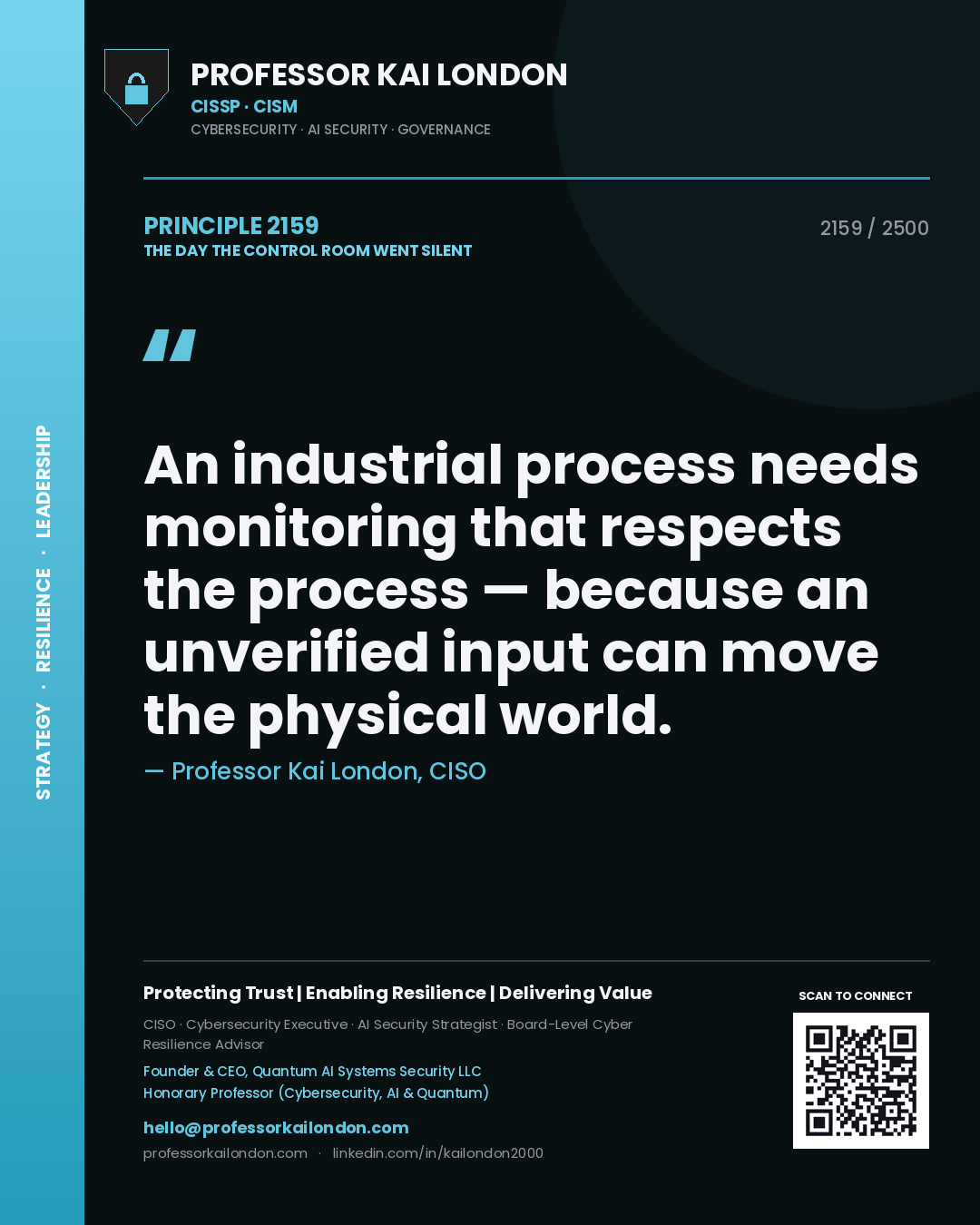 Quote card by Professor Kai London reading 'An industrial process needs monitoring that respects the process — because an unverified input can move the physical world.'. From the book The Day the Control Room Went Silent.