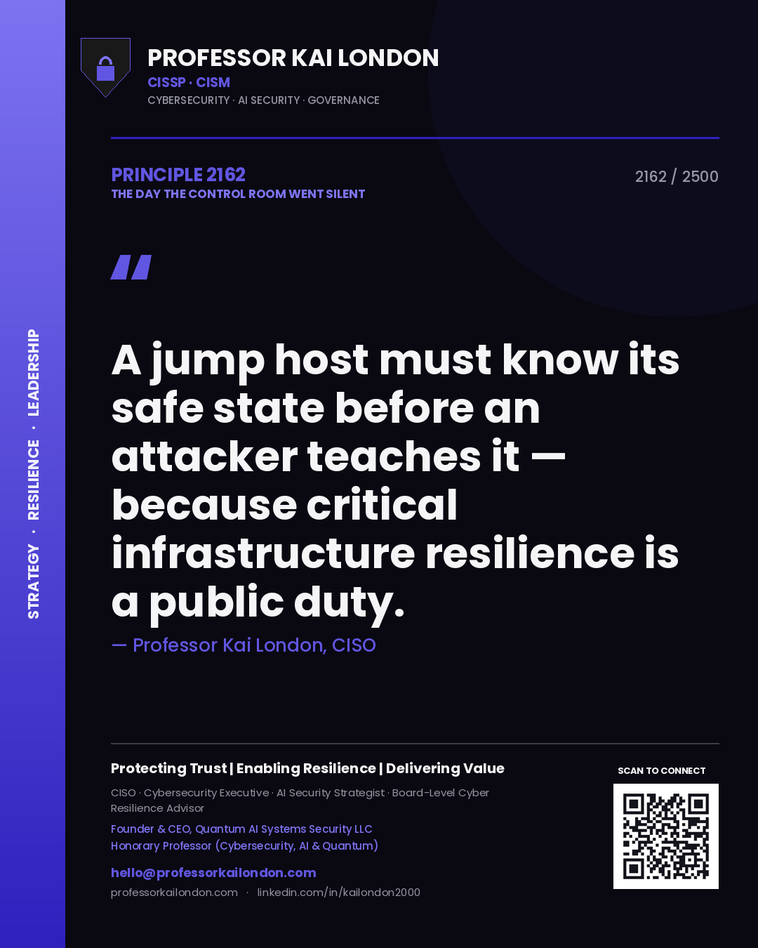 Quote card by Professor Kai London reading 'A jump host must know its safe state before an attacker teaches it — because critical infrastructure resilience is a public duty.'. From the book The Day the Control Room Went Silent.