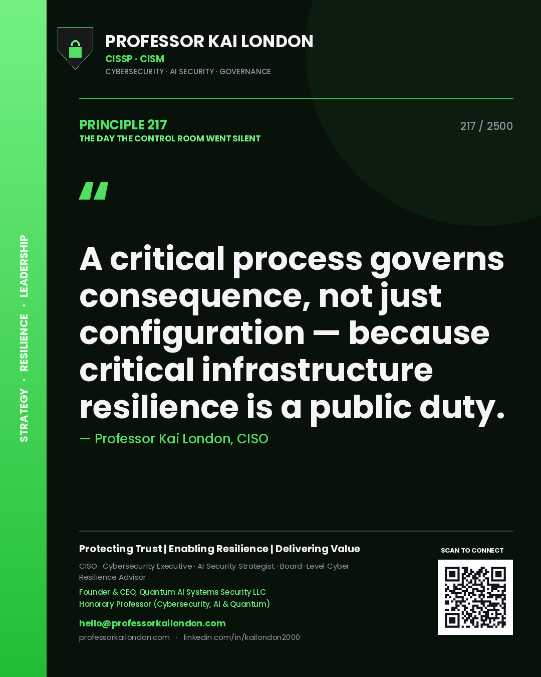 Quote card by Professor Kai London reading 'A critical process governs consequence, not just configuration — because critical infrastructure resilience is a public duty.'. From the book The Day the Control Room Went Silent.