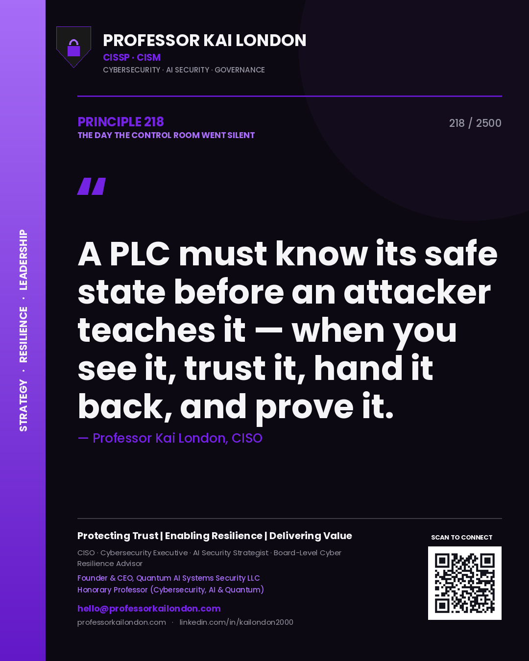 Professor Kai London principle 218: A PLC must know its safe state before an attacker teaches it — when you see it, trust it, hand it back, and prove it.