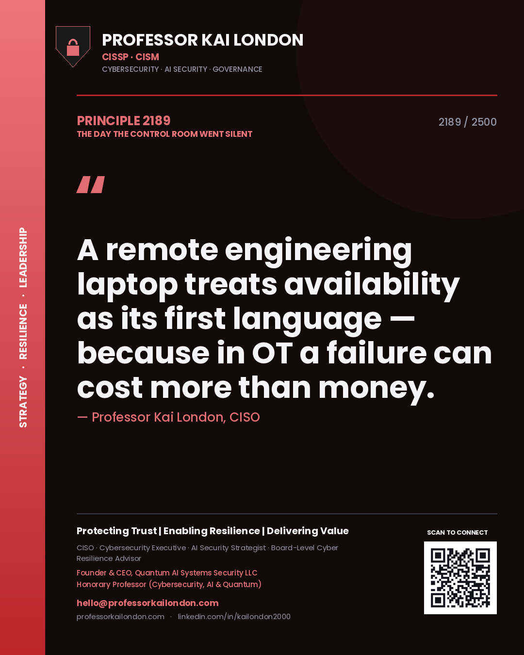 Quote card by Professor Kai London reading 'A remote engineering laptop treats availability as its first language — because in OT a failure can cost more than money.'. From the book The Day the Control Room Went Silent.