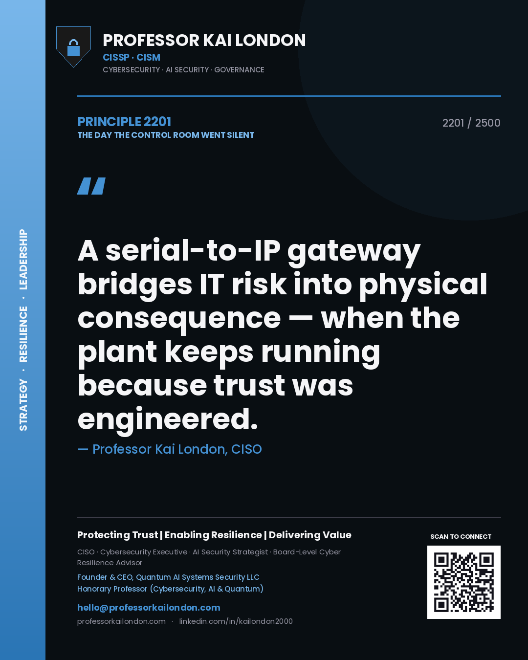 Quote card by Professor Kai London reading 'A serial-to-IP gateway bridges IT risk into physical consequence — when the plant keeps running because trust was engineered.'. From the book The Day the Control Room Went Silent.