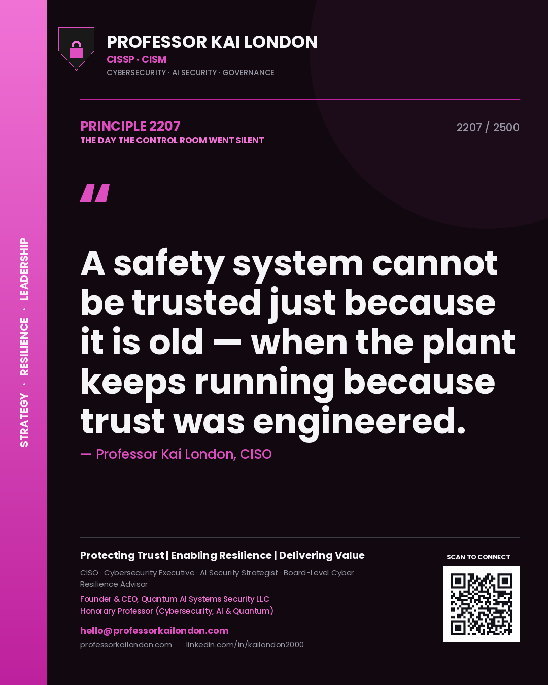 Professor Kai London principle 2207: A safety system cannot be trusted just because it is old — when the plant keeps running because trust was engineered.