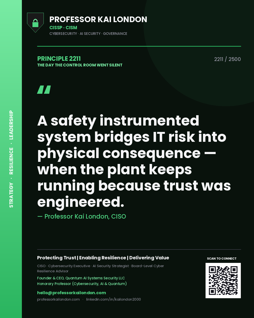 Quote card by Professor Kai London reading 'A safety instrumented system bridges IT risk into physical consequence — when the plant keeps running because trust was engineered.'. From the book The Day the Control Room Went Silent.