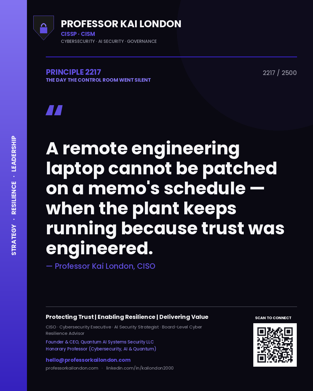 Quote card by Professor Kai London reading 'A remote engineering laptop cannot be patched on a memo's schedule — when the plant keeps running because trust was engineered.'. From the book The Day the Control Room Went Silent.