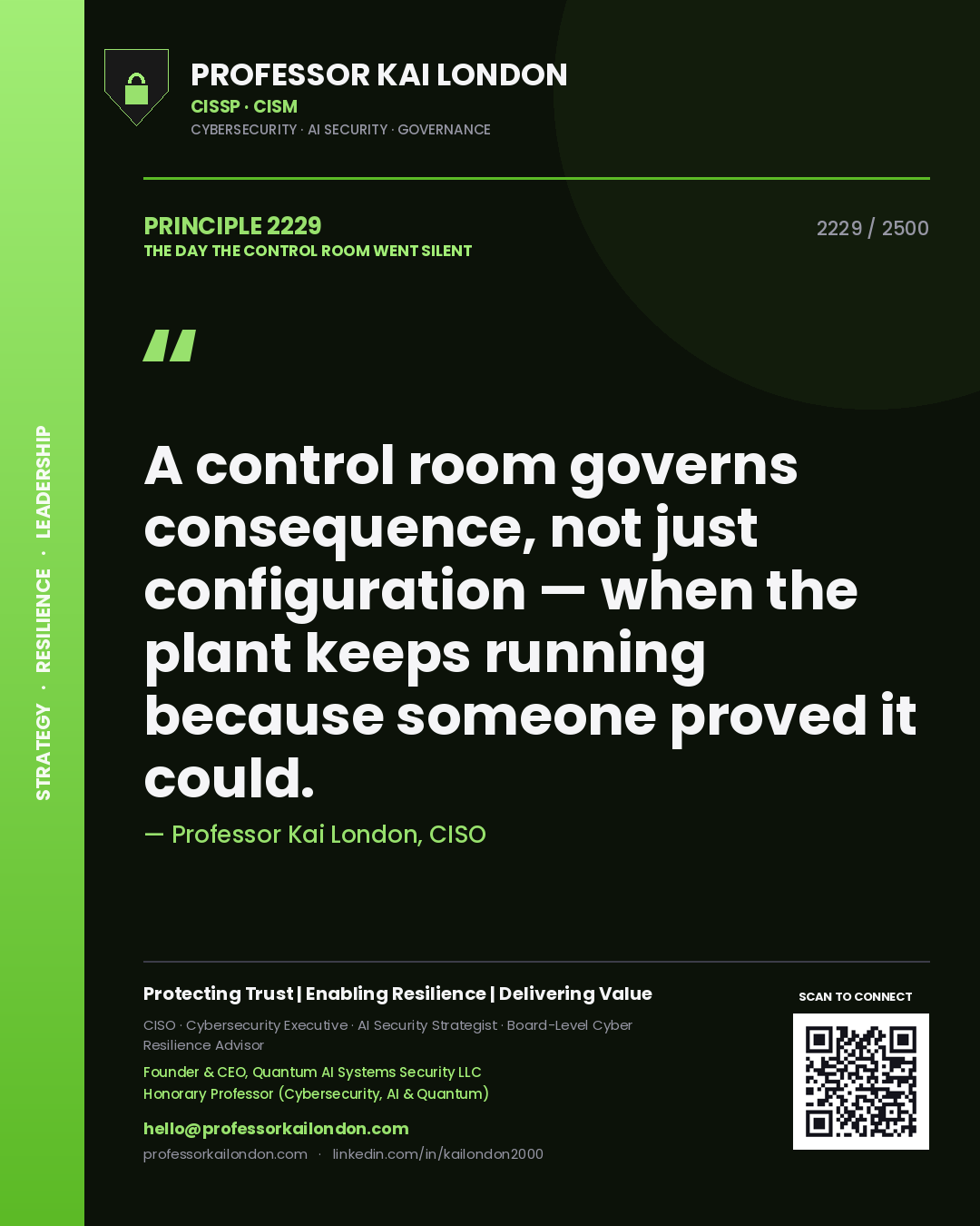 Quote card by Professor Kai London reading 'A control room governs consequence, not just configuration — when the plant keeps running because someone proved it could.'. From the book The Day the Control Room Went Silent.